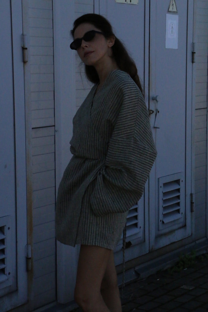 Linen Kimono Mini Dress / Wrap Linen Dress with Pockets