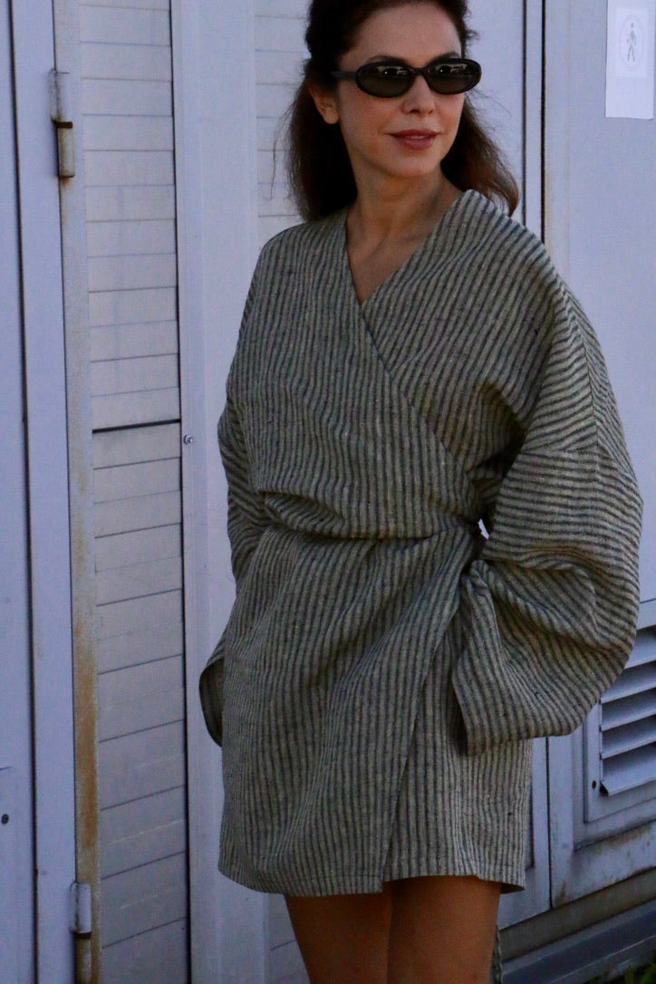 Linen Kimono Mini Dress / Wrap Linen Dress with Pockets