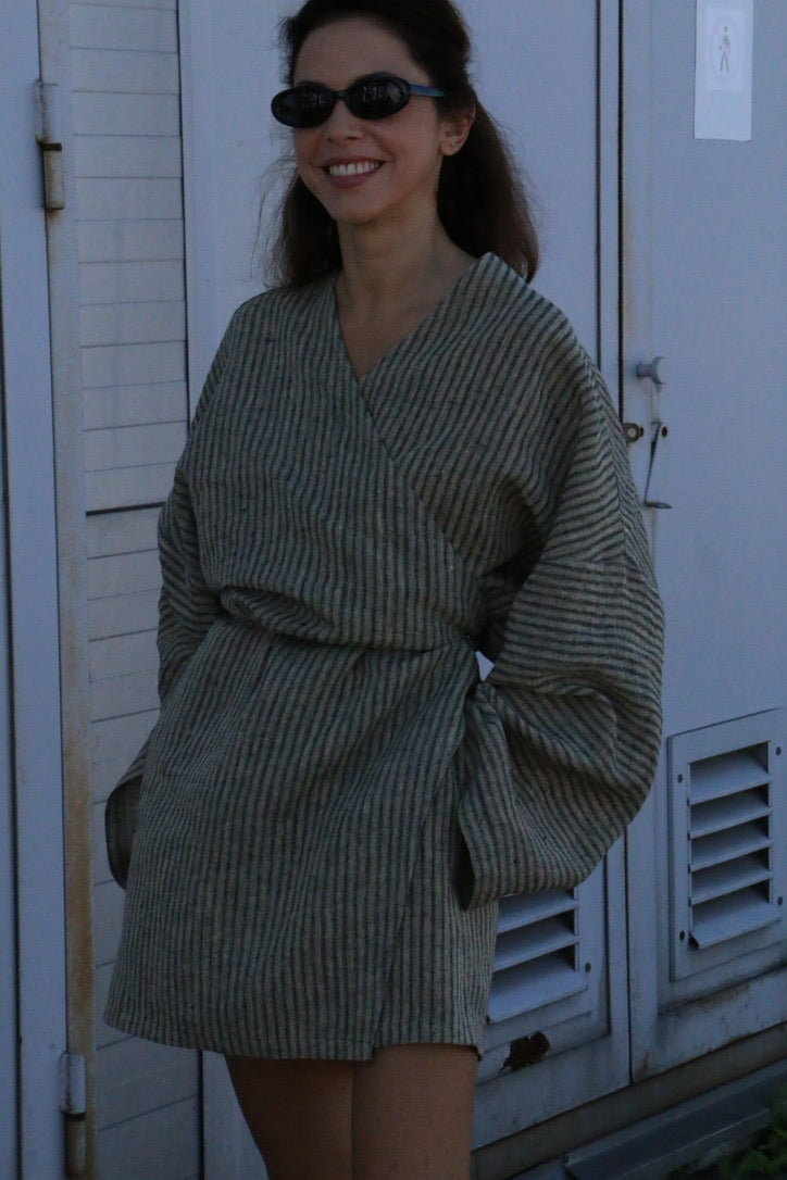 Linen Kimono Mini Dress / Wrap Linen Dress with Pockets