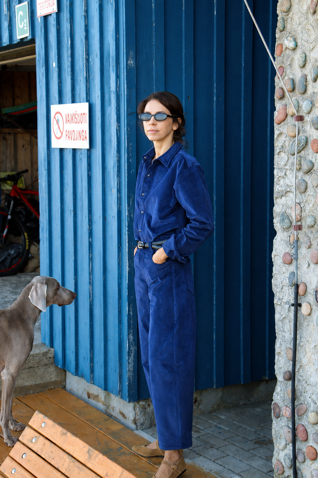 Navy Corduroy Barrel-Leg Trousers