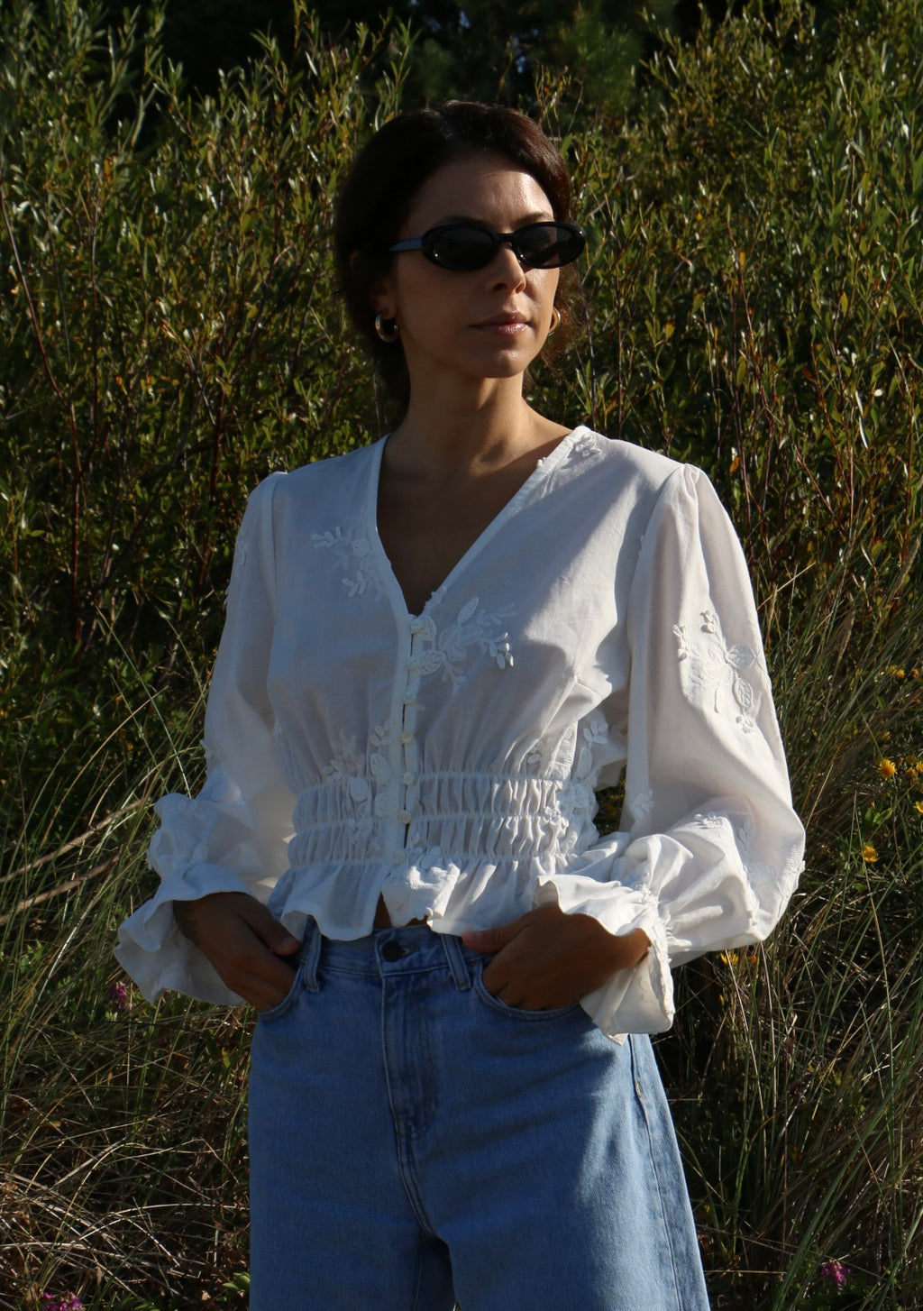 Romantic White Cotton Blouse with Floral Embroidery