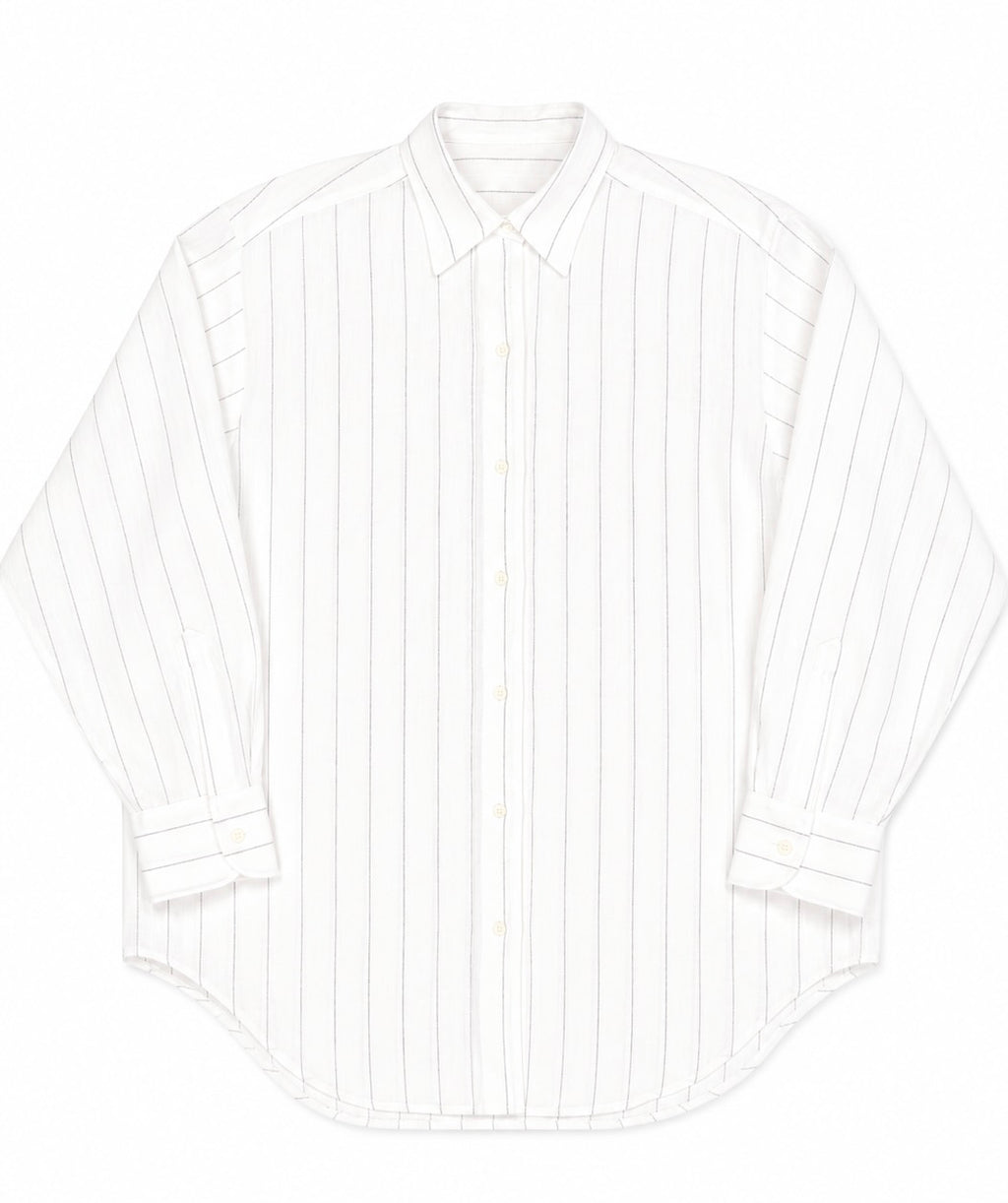 A white long-sleeve button-up shirt with thin vertical gray pinstripes, laid flat against a white background.