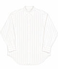 A white long-sleeve button-up shirt with thin vertical gray pinstripes, laid flat against a white background.