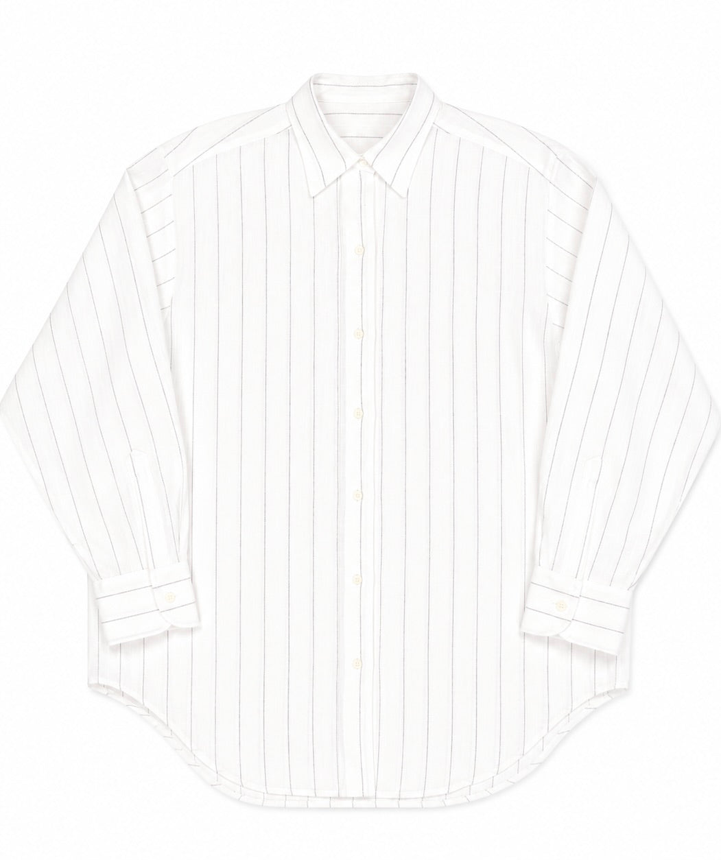 A white long-sleeve button-up shirt with thin vertical gray pinstripes, laid flat against a white background.