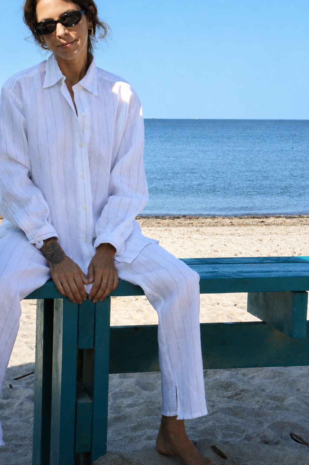 White Linen Trousers / Relaxed Pinstripe