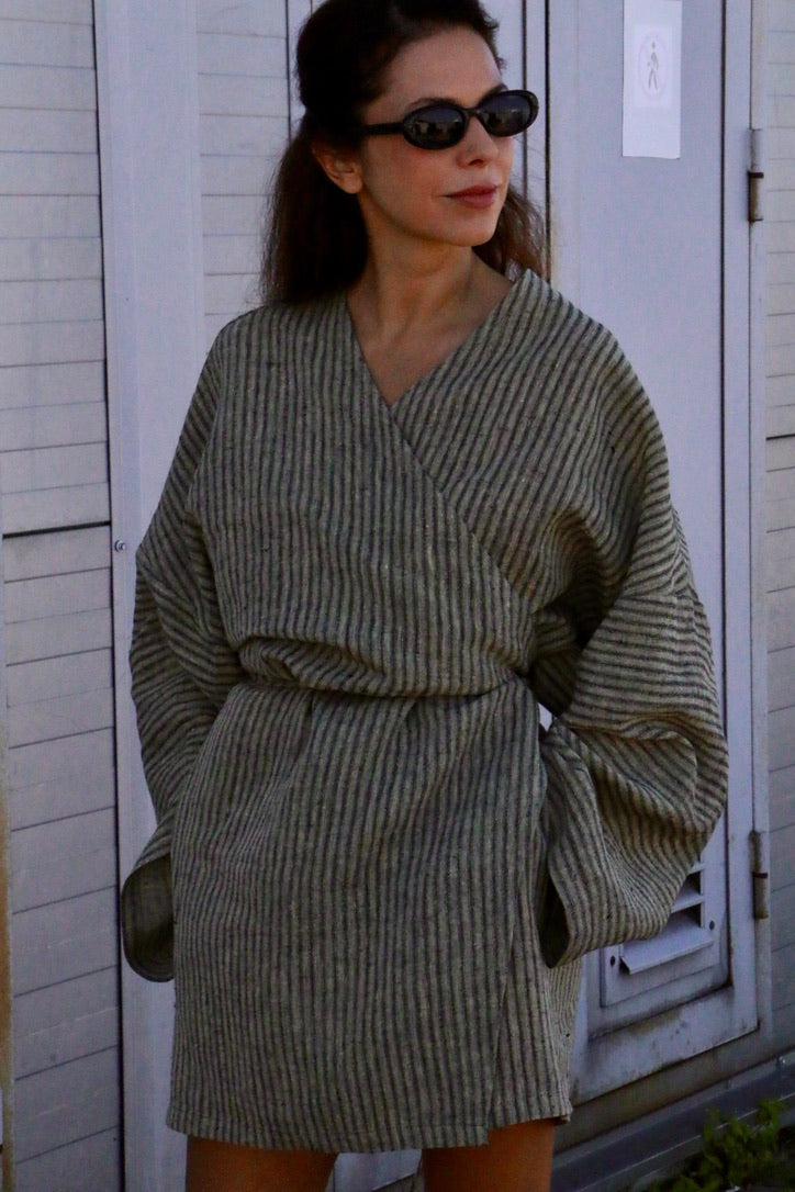 Linen Kimono Mini Dress / Wrap Linen Dress with Pockets