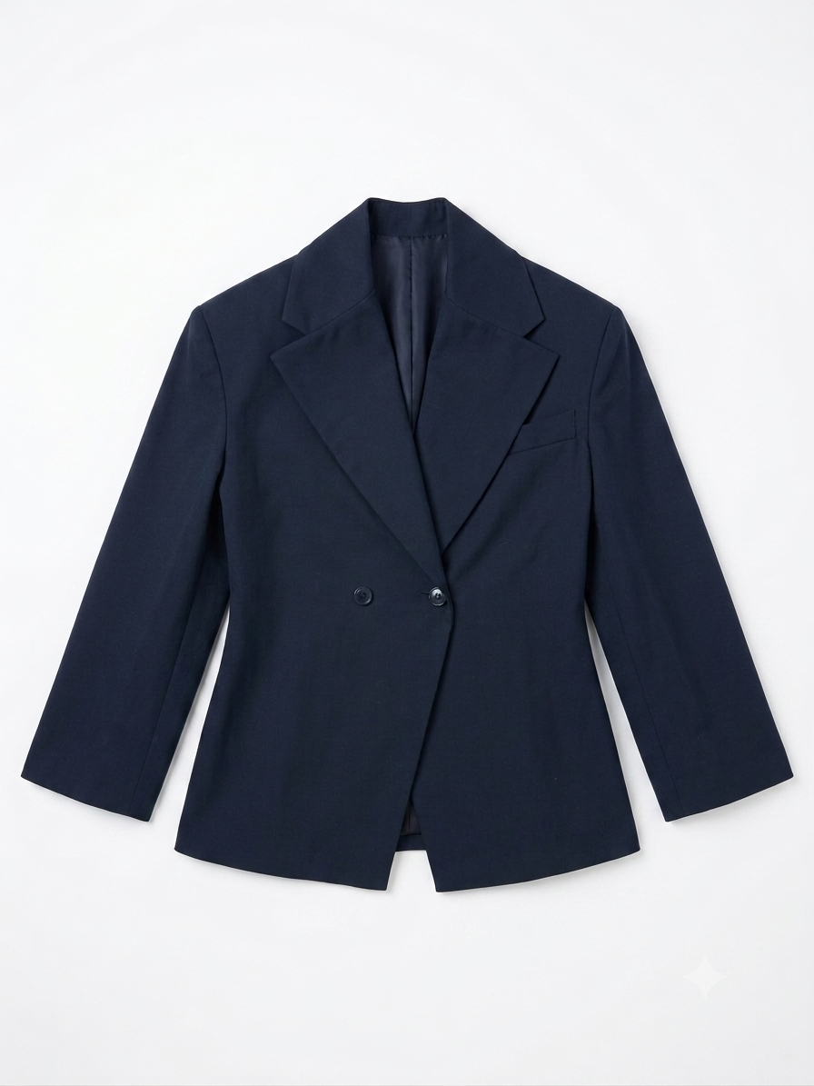 Flat-lay product shot of the Naujà women's double-breasted navy cotton blazer featuring exaggerated structured shoulders, wide lapels, and aligned buttons on a plain white background.