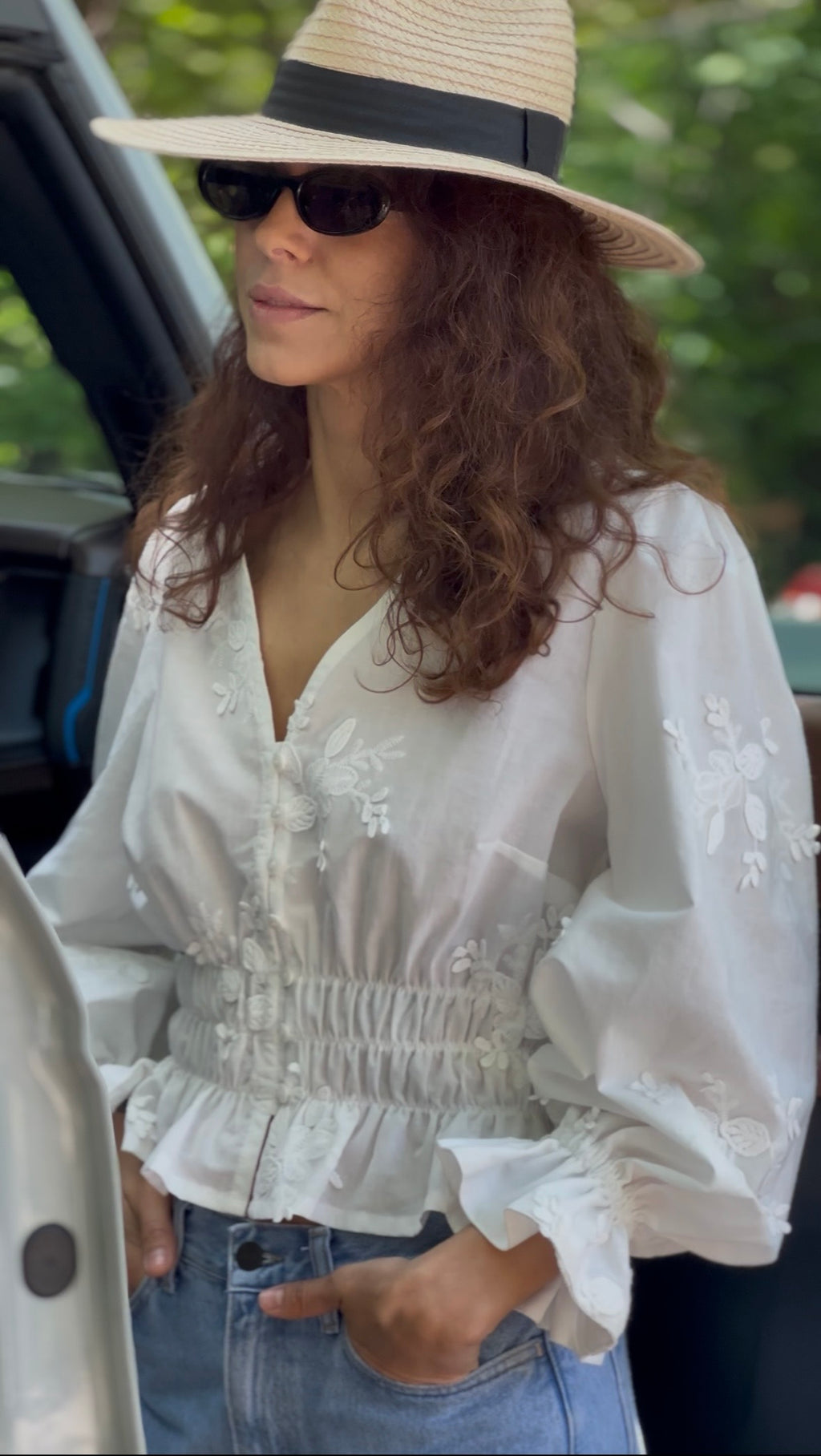 Romantic White Cotton Blouse with Floral Embroidery