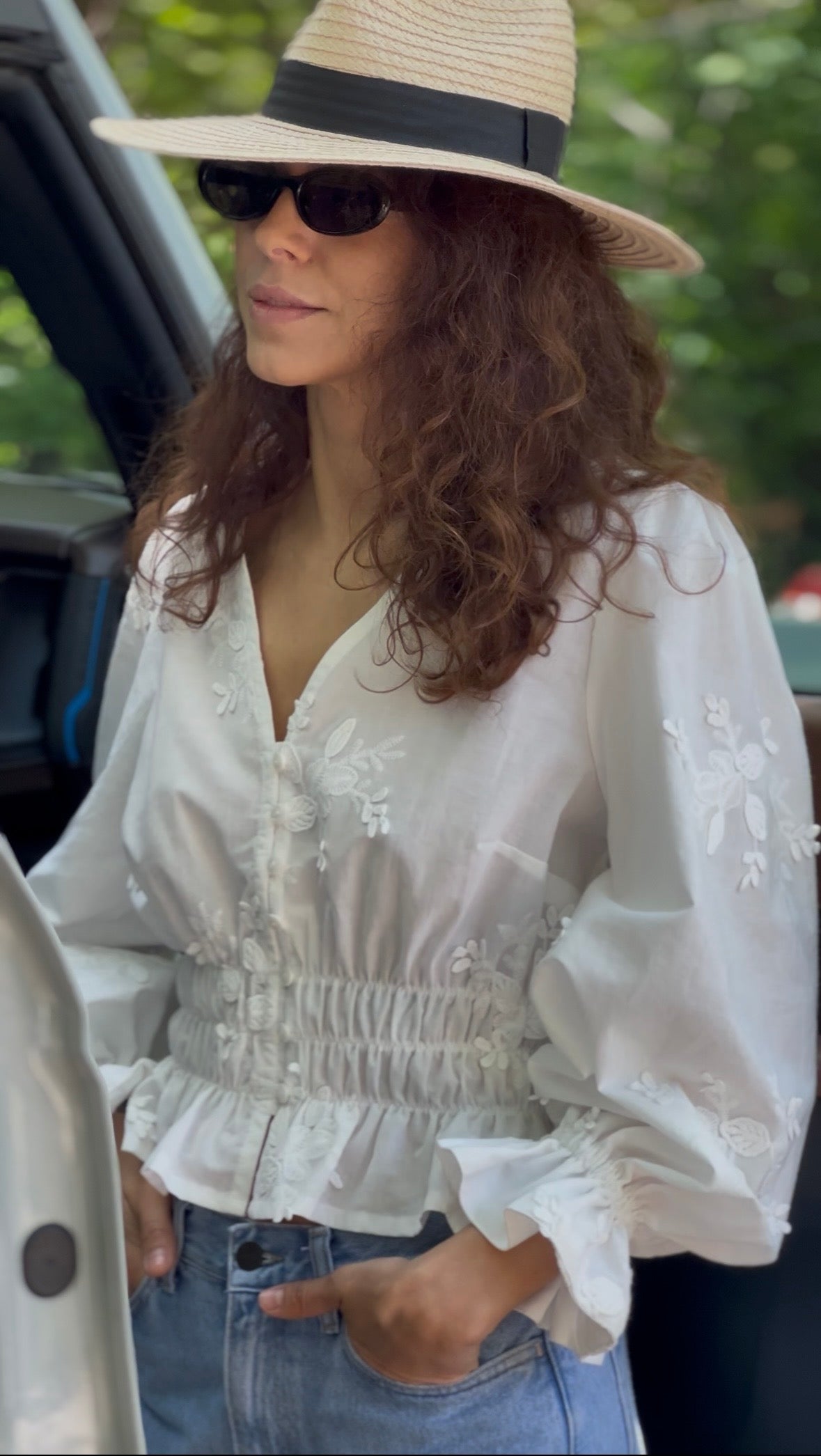 Romantic White Cotton Blouse with Floral Embroidery