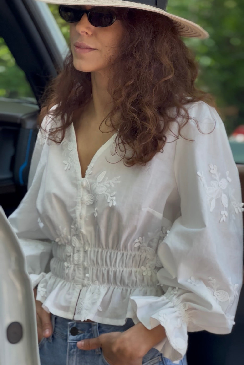 Romantic White Cotton Blouse with Floral Embroidery
