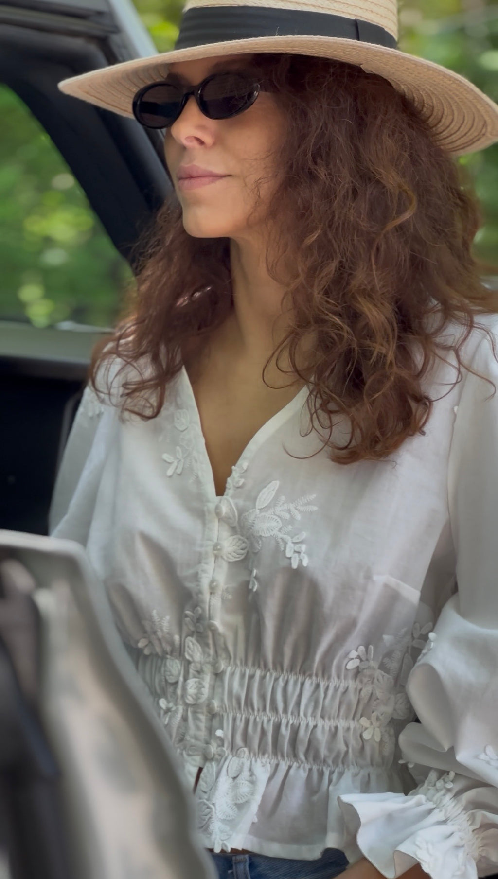 Romantic White Cotton Blouse with Floral Embroidery