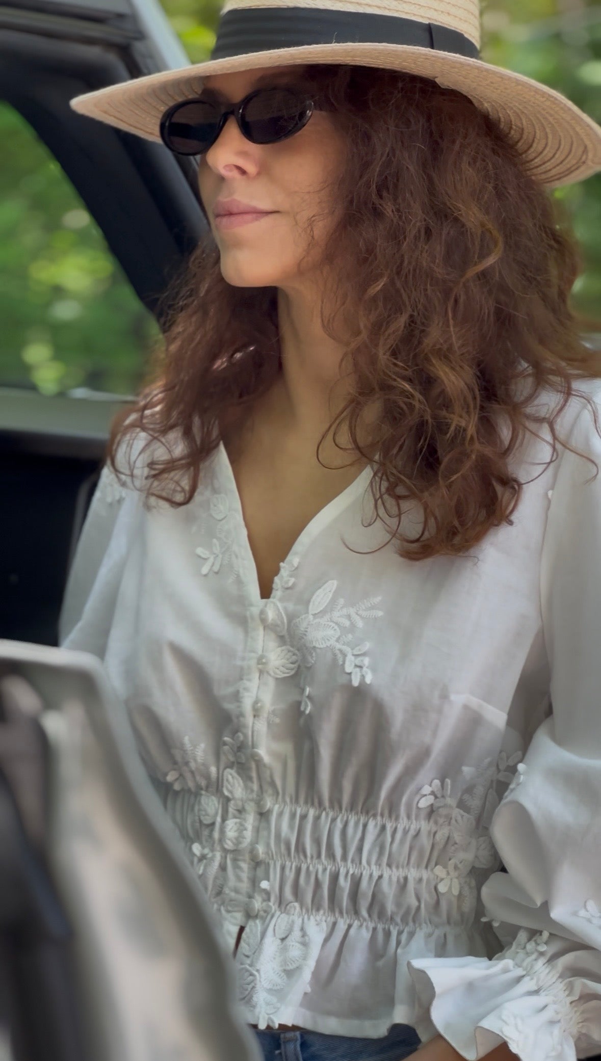 Romantic White Cotton Blouse with Floral Embroidery