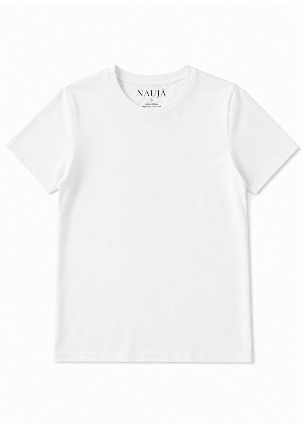 A white short-sleeve crewneck t-shirt by the brand NAUJA, shown flat against a clean white background.