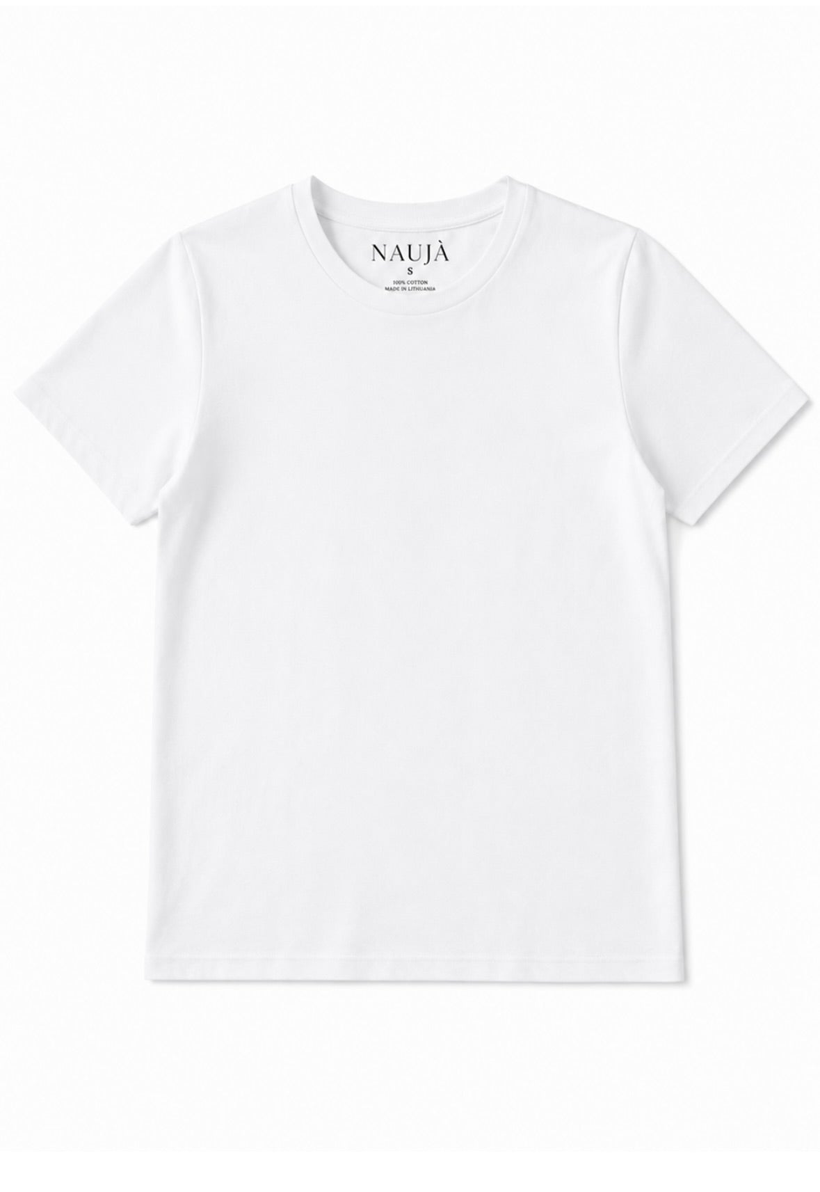 A white short-sleeve crewneck t-shirt by the brand NAUJA, shown flat against a clean white background.